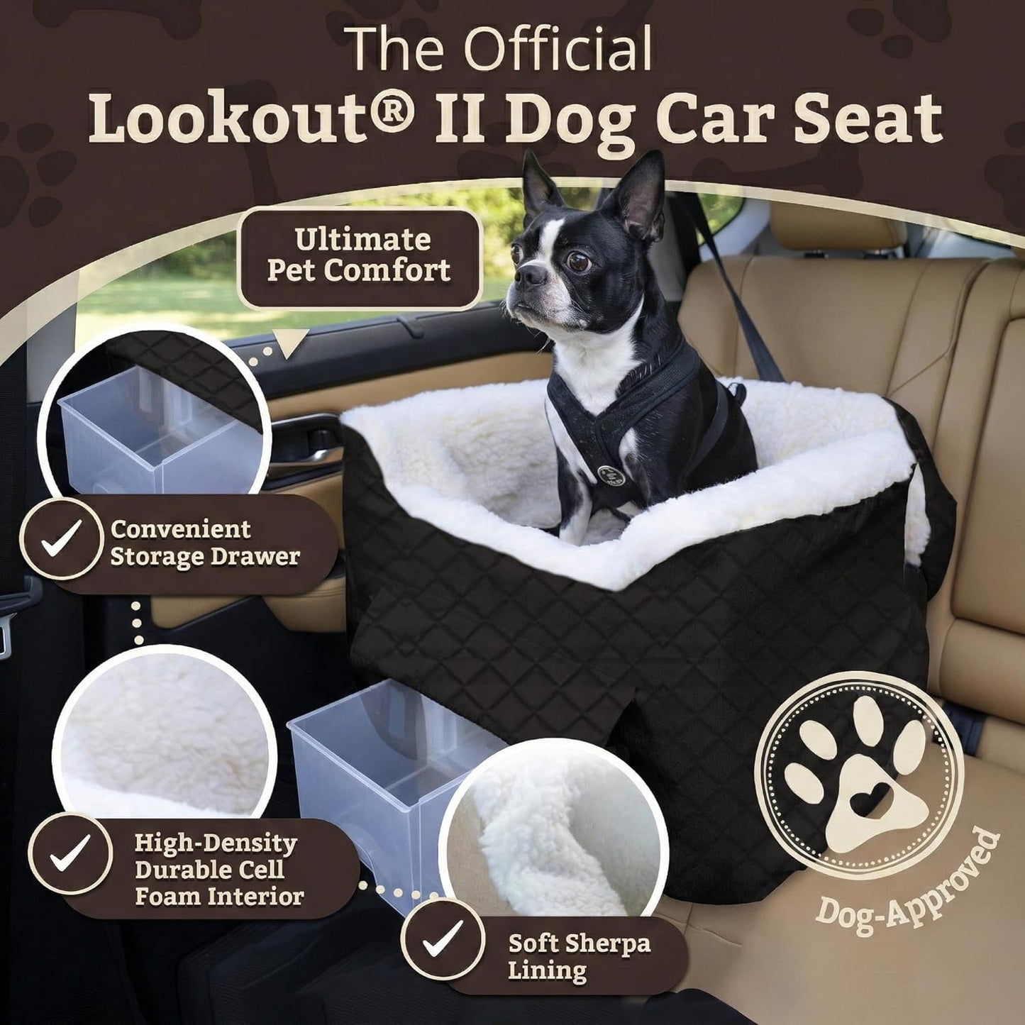 Dog Car Seat with Storage Tray: Lookout II Dog Booster Car Seat for Pets up to 18Lbs, Helps Alleviate Travel Sickness & Fear for Dogs, Removable Washable Cover – Black Quilted, Size Small