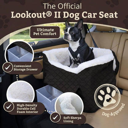 Dog Car Seat with Storage Tray: Lookout II Dog Booster Car Seat for Pets up to 18Lbs, Helps Alleviate Travel Sickness & Fear for Dogs, Removable Washable Cover – Black Quilted, Size Small