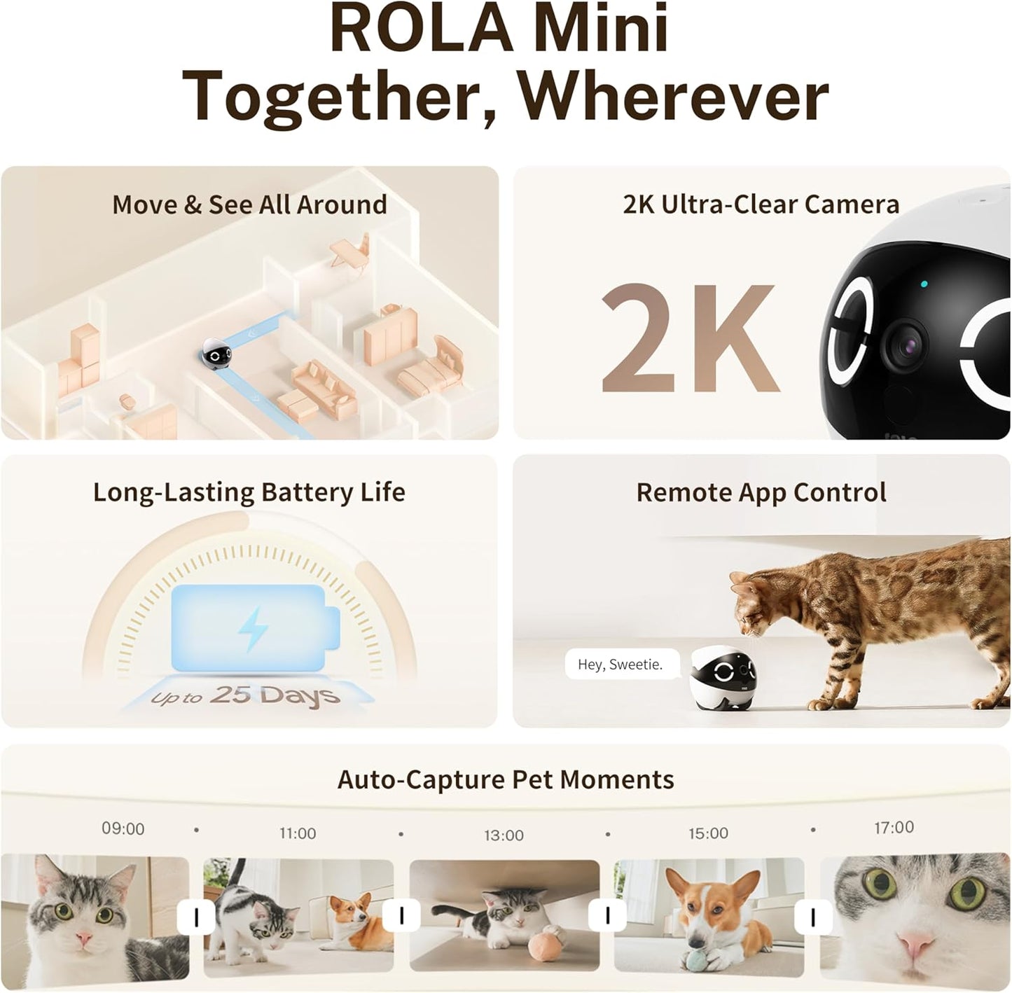ROLA Mini Familybot 2K Pet Camera Robot: Movable Indoor Camera Battery-Powered with Phone App, One-Touch Call, 2-Way Talk, Night Vision, Motion Detection, Video Recording