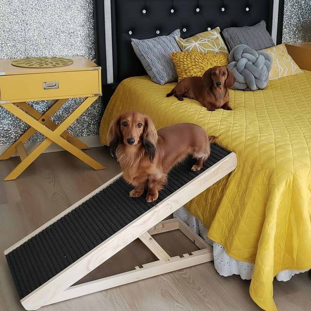 Alphapaw - Original Natural Wood Pawramp for Small & Large Dogs - No Assembly Required - Adjustable Height Pet Ramp for Bed, Couch, Stairs (Dark Brown)