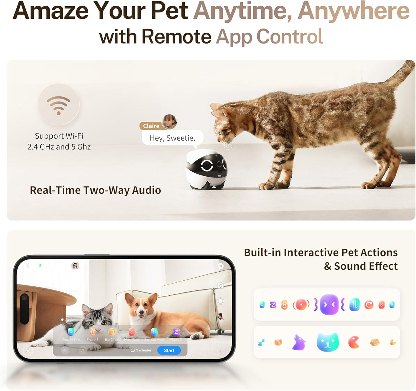 ROLA Mini Familybot 2K Pet Camera Robot: Movable Indoor Camera Battery-Powered with Phone App, One-Touch Call, 2-Way Talk, Night Vision, Motion Detection, Video Recording