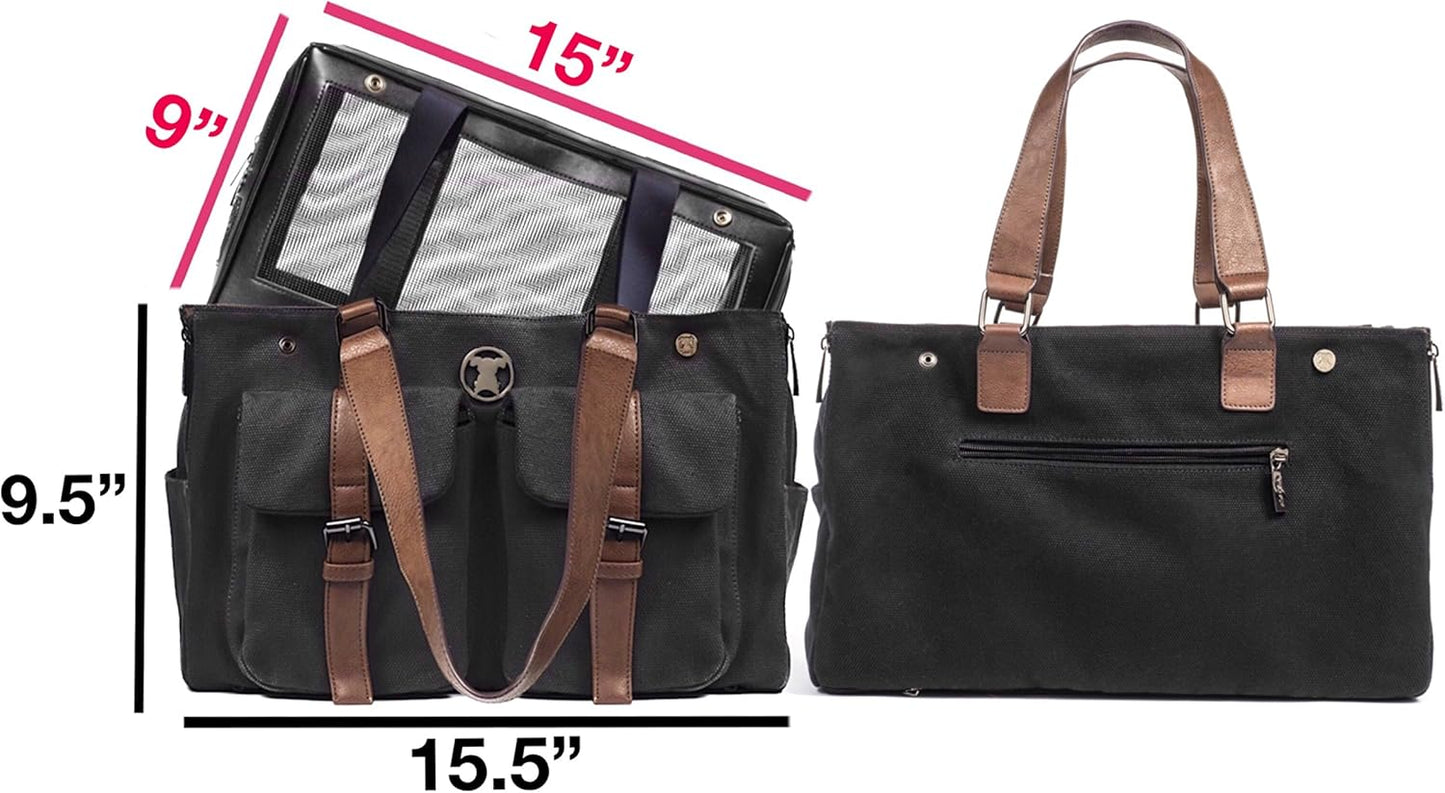 Weekend Black Canvas Interchangeable Airline Approved Pet Carrier Combo with Pockets for Small Dogs (Pet Carrier Base & Shell Tote)