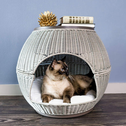 Igloo Indoor Dog Bed & Cat Bed in Smoke, Multipurpose Pet Bed with Table Top, Claw-Proof Faux Rattan Is Easy to Clean, Includes Washable & Replaceable Covered Cushion