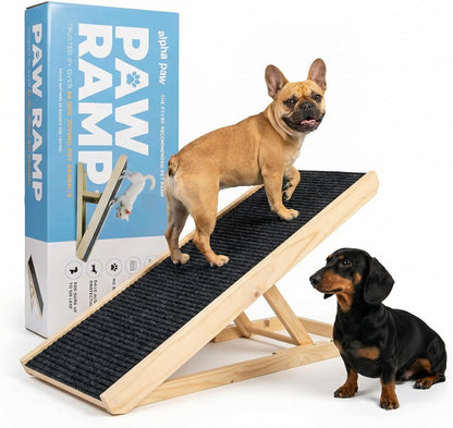 Alphapaw - Original Natural Wood Pawramp for Small & Large Dogs - No Assembly Required - Adjustable Height Pet Ramp for Bed, Couch, Stairs (Dark Brown)