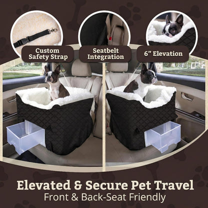 Dog Car Seat with Storage Tray: Lookout II Dog Booster Car Seat for Pets up to 18Lbs, Helps Alleviate Travel Sickness & Fear for Dogs, Removable Washable Cover – Black Quilted, Size Small